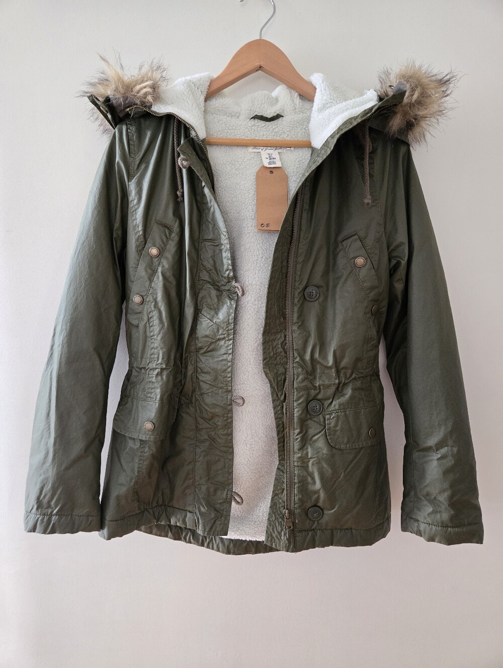 BNWT H&M Olive Green Sherpa-Lined Parka Jacket with Faux Fur Hood
